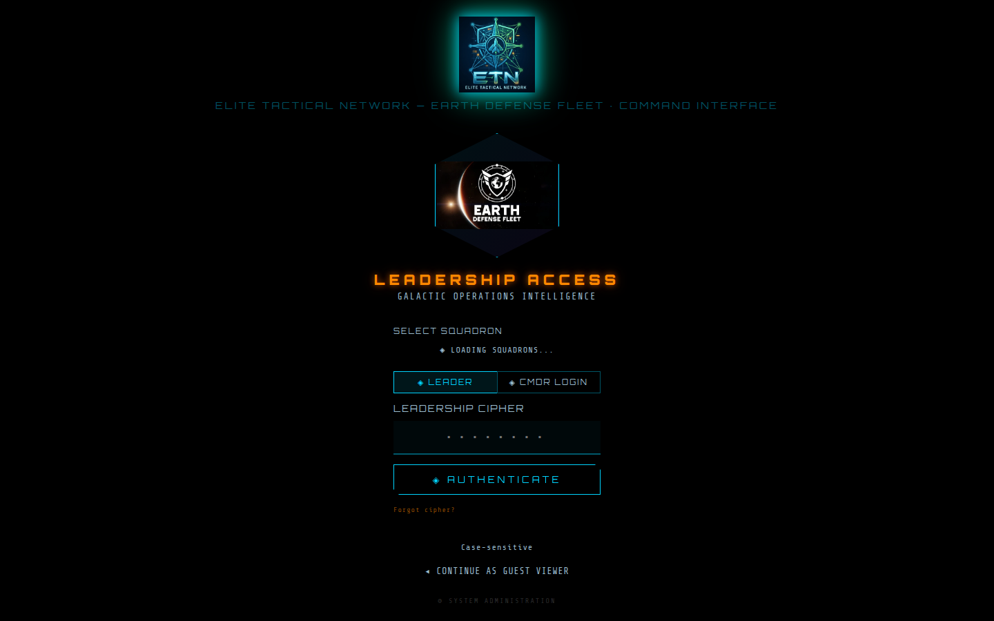 ETN login screen showing Leadership Access, CMDR Login, and Continue as Guest Viewer options